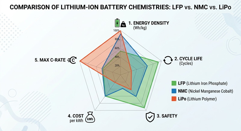 LFP vs NMC vs LiPo lithium battery chemistry comparison chart for UAV applications