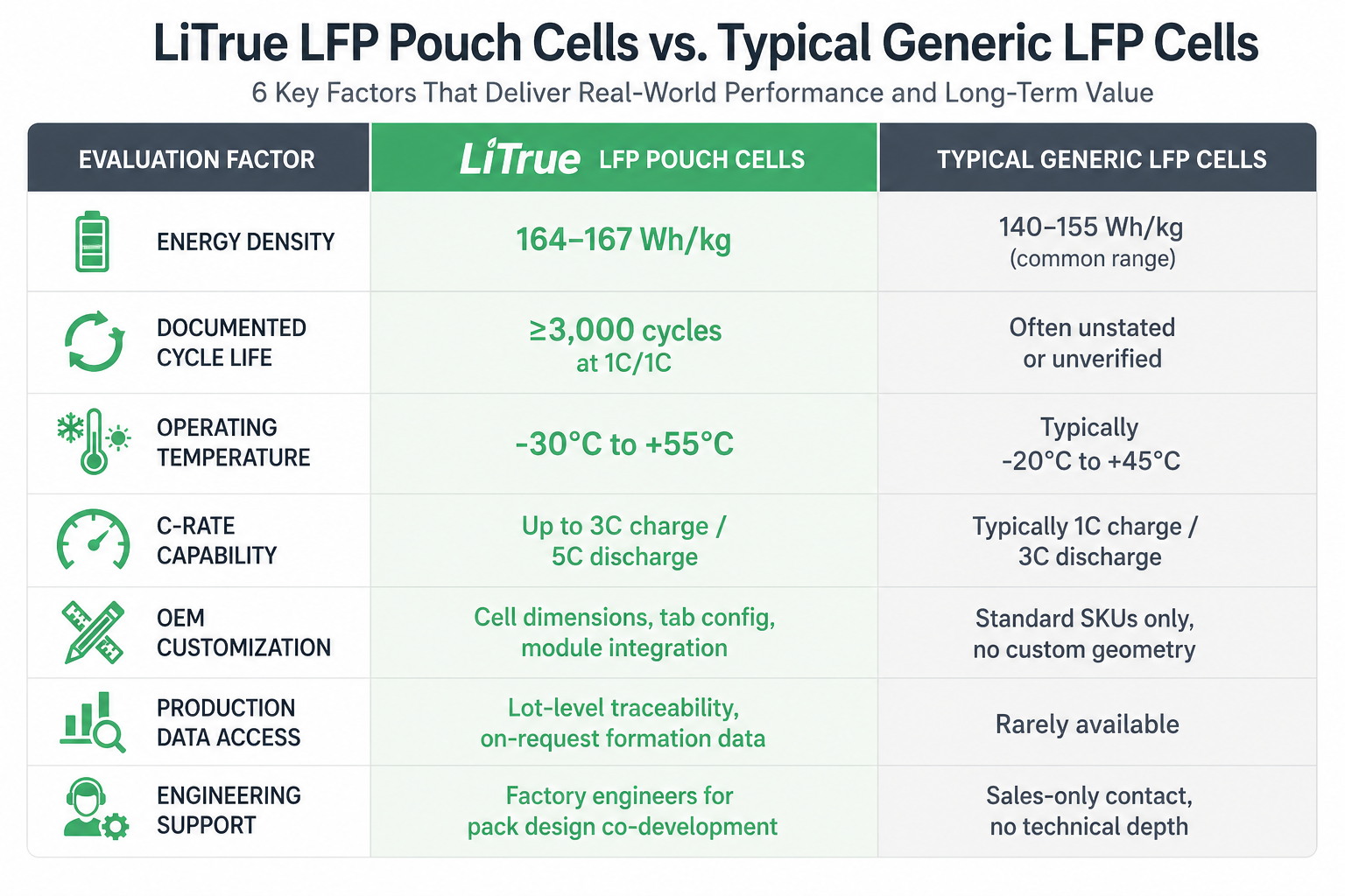 LiTrue LFP pouch cells vs generic LFP alternatives comparison chart
