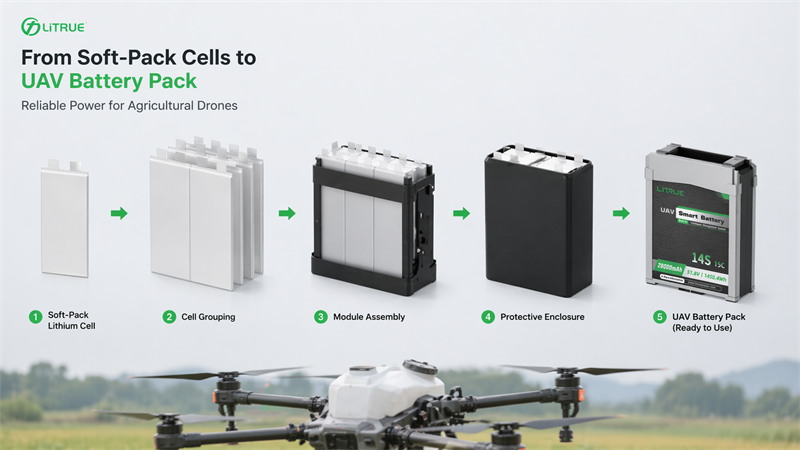 lithium pouch cells being assembled into UAV battery packs