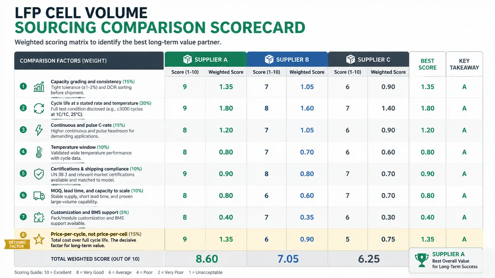 LFP cell volume sourcing comparison scorecard