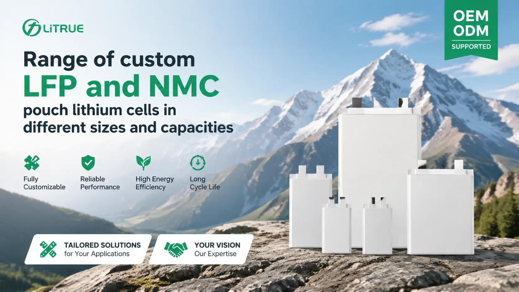 custom LFP and NMC pouch lithium cells in different sizes and capacities