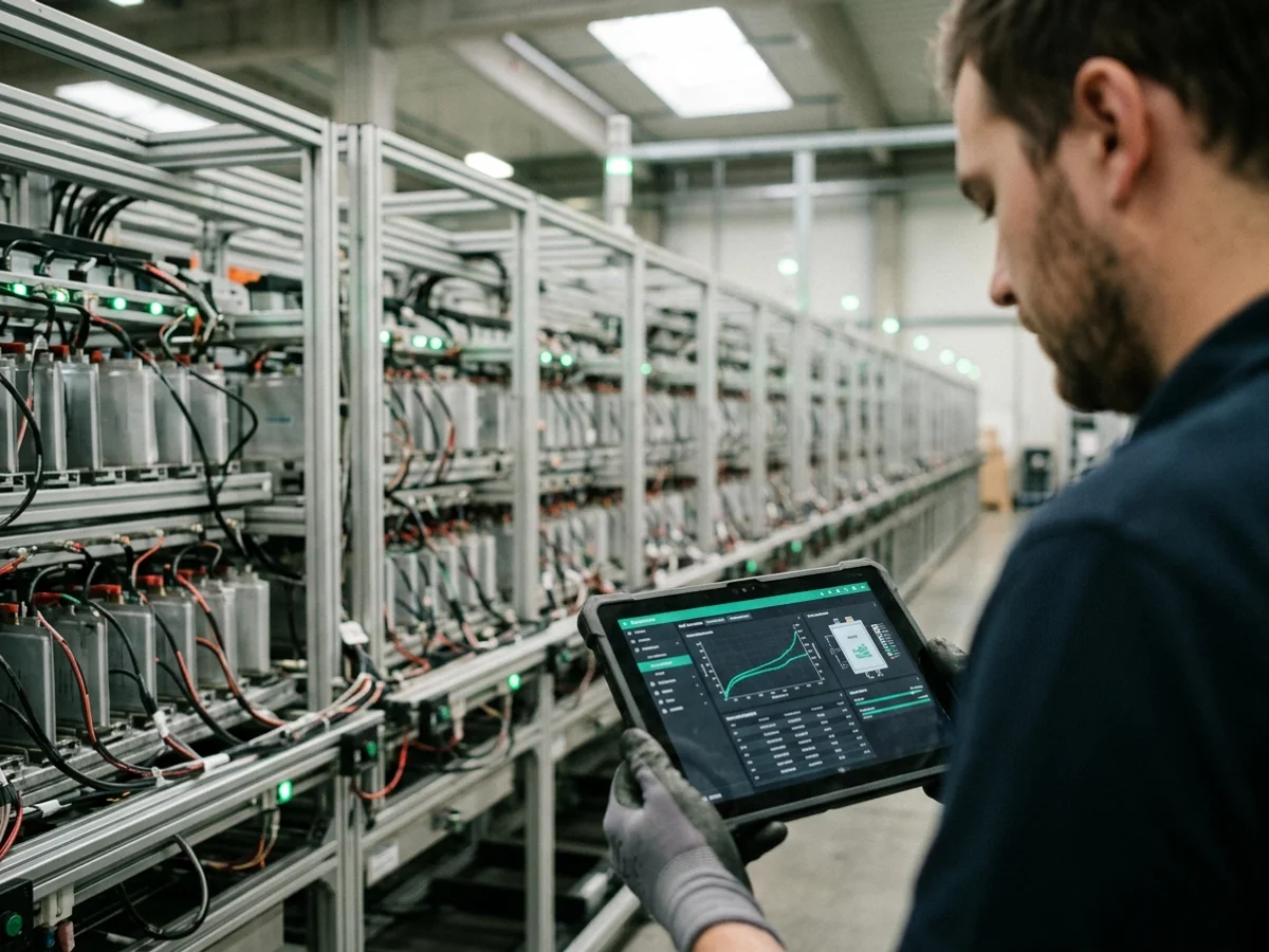 Quality engineer reviewing live cell formation data during lithium battery factory audit Quality engineer reviewing live cell formation data during lithium battery factory audit
