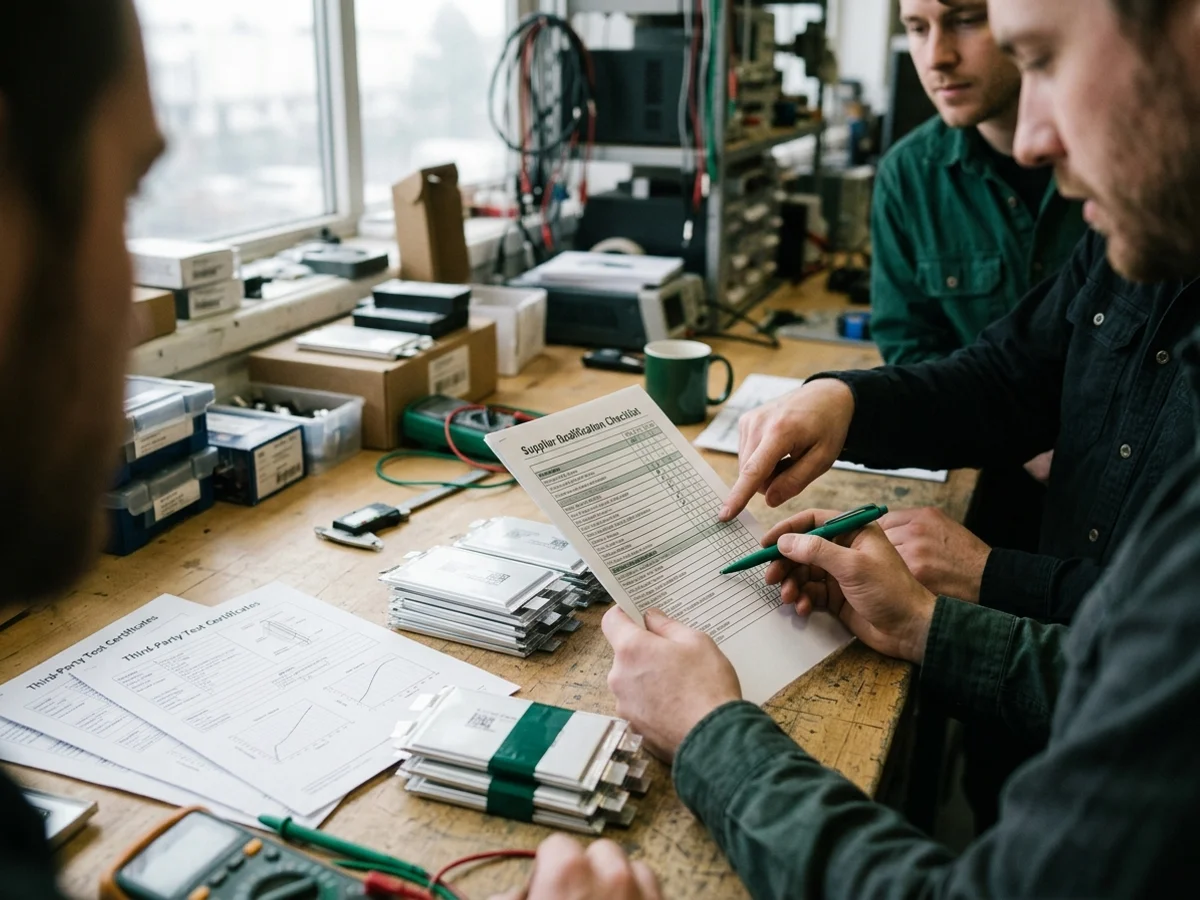 Engineering team reviewing a printed supplier qualification checklist beside a table of pouch cells and third-party test certificates Engineering team reviewing a printed supplier qualification checklist beside a table of pouch cells and third-party test certificates