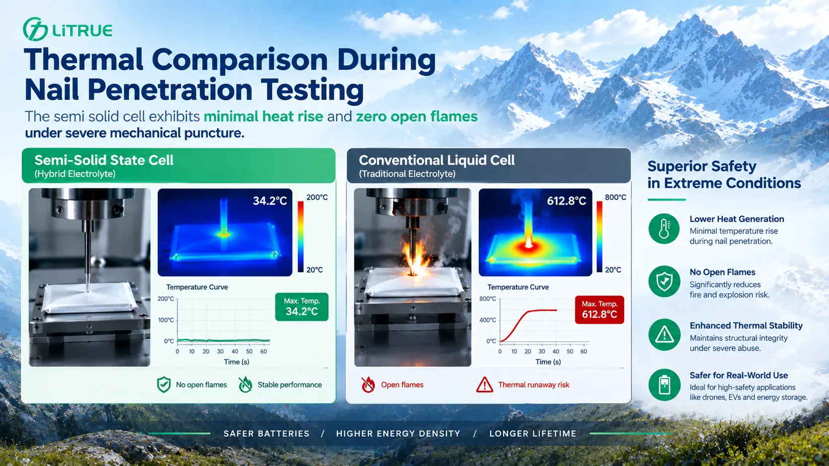 Nail penetration test comparing conventional lithium-ion cell against semi solid state battery cell Nail penetration test comparing conventional lithium-ion cell against semi solid state battery cell