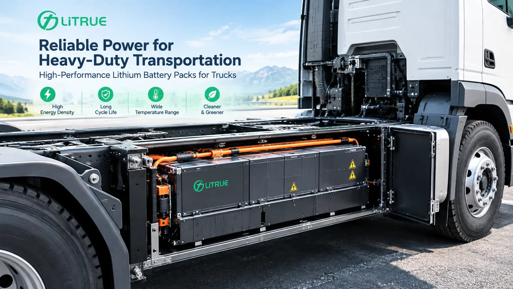 Heavy-duty truck lithium battery pack mounted in a commercial vehicle chassis compartment