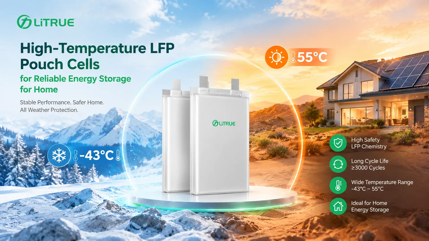PC20F-T and PA46F-C high-temperature LFP pouch cells for reliable energy storage for home
